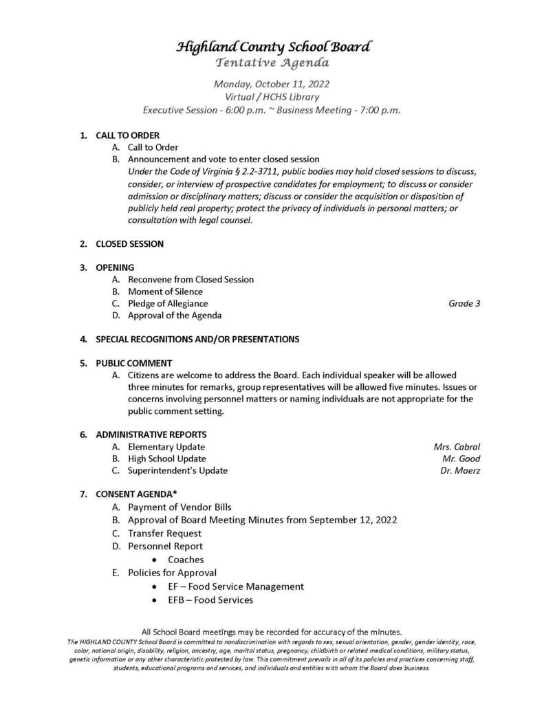 October 11, 2022 Agenda- page 1