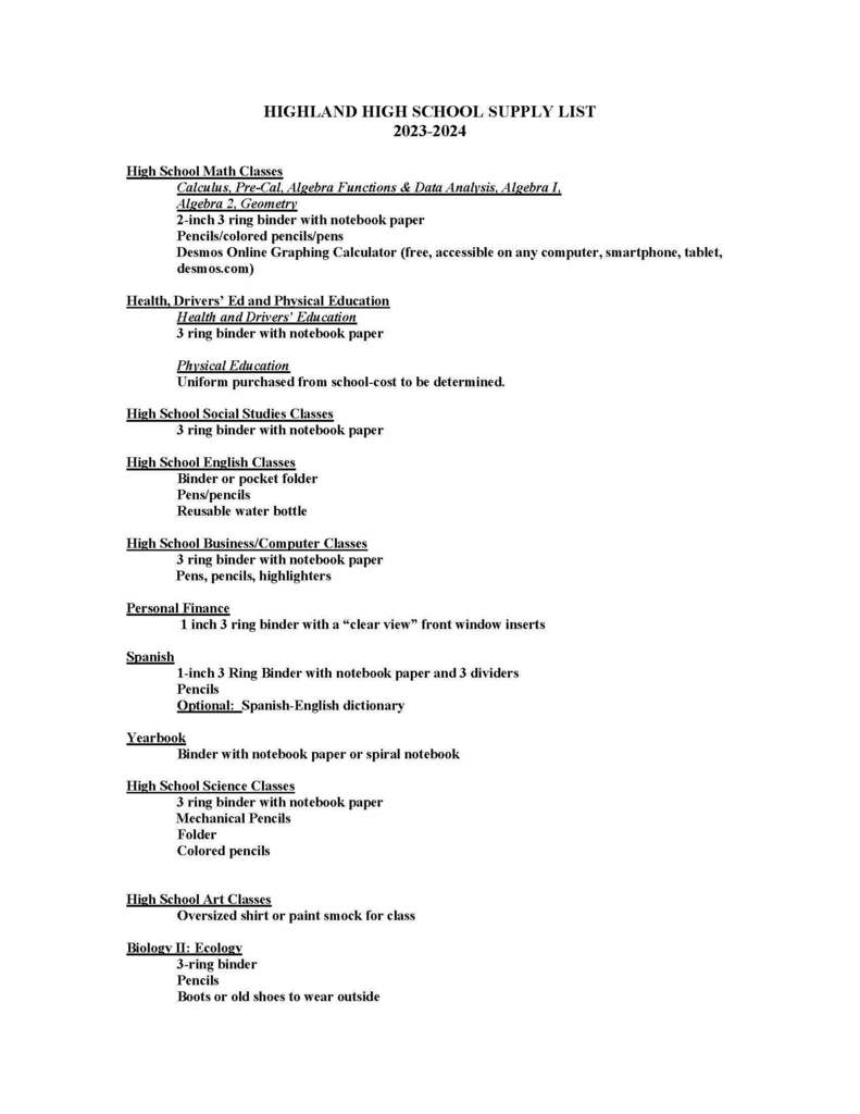 High School Supply List